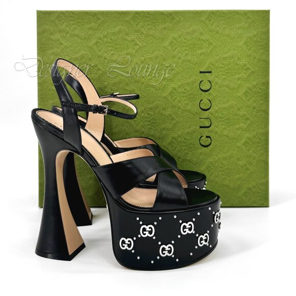 NEW GUCCI Janaya Interlocking G Studs Black Leather Platform Sandals 38.5 US 8.5 - Picture 15 of 15